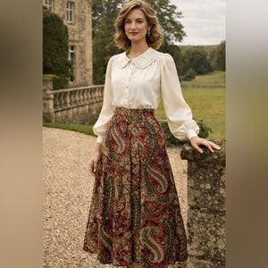 VTG Koret Gorgeous Wine Red, Tan & Green Paisley Print Ankle Maxi Skirt, Sz 8